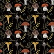 seamless pattern with mushrooms and branches. White mushroom, boletus, toadstool, fox, fly agaric on black background for fabric, wallpapers, textile, paper, books, toys 