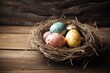 © AkuAku - birds nest with eggs on a rustic wooden table. Generative AI