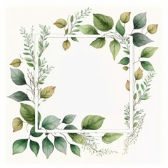 Wall Mural - Square frame of green leaves with watercolor painting with watercolor painting isolated on white background. Theme of vintage minimal art design in geometric. Finest generative AI.