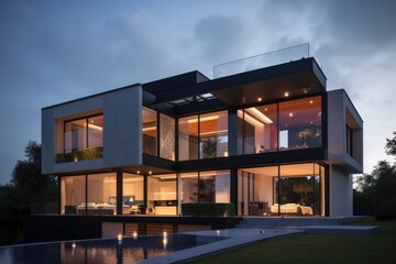 Wall Mural - Very modern luxury house at evening, with pool. High quality generative ai