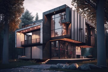 Wall Mural - Very modern luxury house, evening. High quality generative ai