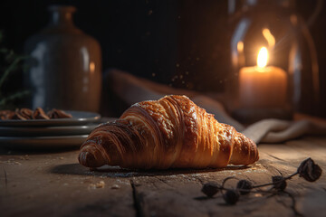 Fresh croissant bread cinematic light, famous food in France in the professional background with butter and honey,  generative AI.