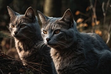 a garden with two gray cats. Generative AI