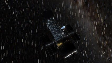 Wall Mural - Hubble Space Telescope Remaining Static as Milky Way Galaxy Spins Rapidly in Background - Realistic 3D CGI Animation 4K