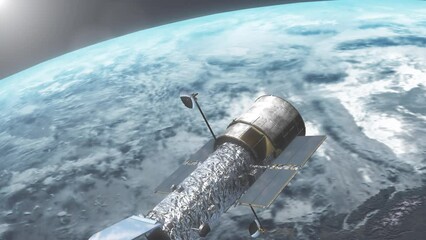 Wall Mural - Hubble Space Telescope Rising Above Planet Earth with Sun Flare - 3D CGI Animation 4K