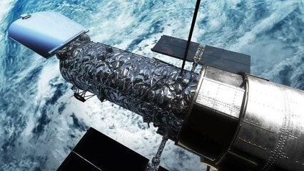 Wall Mural - Hubble Space Telescope Static Wide Action Camera Style Shot Above Planet Earth - Realistic 3D CGI Animation 4K ProRes