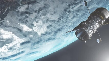 Wall Mural - Hubble Space Telescope Above Planet Earth Atmosphere with Strong Sun Flare with Lens Artefacts Aligning to Take Pictures of the Galaxy - Realistic 3D CGI Animation 4K
