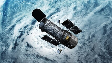 Wall Mural - Hubble Space Telescope Panning Left to Right High Above Planet Earth with Sea and Clouds - Realistic 3D CGI Animation 4K ProRes