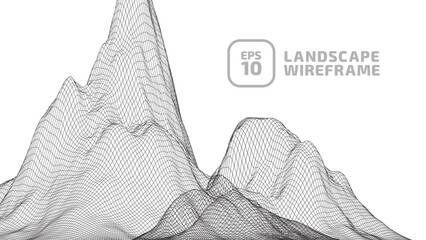 Wall Mural - Abstract wireframe background. 3D grid technology, vector illustration landscape. Black on White colors. Digital Terrain Cyberspace in Mountains with valleys. Data Array. Isolated object.