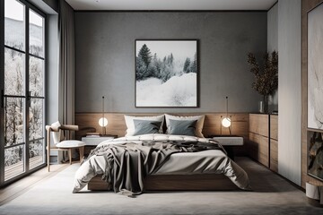 A modern home's master bedroom's corner. Large double bed, window, and two floor lamps are all present. On the wall, there are three posters. a mockup Toned picture. Generative AI