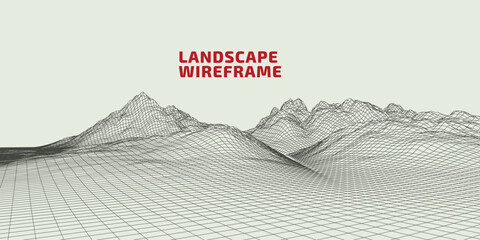 Wall Mural - Abstract wireframe background. 3D grid technology illustration landscape. Digital Terrain Cyberspace in Mountains with valleys. Data Array. Black on white. Vector Illustration.