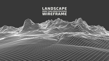 Wall Mural - Abstract wireframe background. 3D grid technology illustration landscape. Digital Terrain Cyberspace in Mountains with valleys. Data Array. White on black. Vector Illustration.