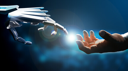 AI: The creation of Adam - a robot hand touches a human hand. With lensflare. Michelangelo.