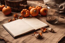 Empty Diary, Notepad Mockup, And Book On Wooden Table. Cape Gooseberry, Dry Physalis. Beige Jute Carpet Backdrop Blurred. Top Down Flatlay. Scandinavian Boho. Generative AI