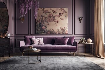 Poster - Beautiful violet and beige living room with carpeted floor, wallpaper, and fabric couch. Classic minimalism,. Generative AI