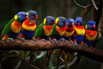 Canvas Print - The rainbow lorikeets of Australia. Australia lovely birds cuddling on a branch. Generative AI