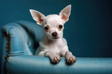 Sticker - A small white doggie poses for shots while sitting on the blue dog sofa. Generative AI