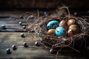 Canvas Print - birds nest with eggs resting on a rustic wooden table. Generative AI