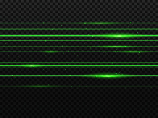 Wall Mural - Laser green light beam lines, glow neon flashes and rays, vector effect background. Green laser shines and sparkle flares, isolated light beam lines of space galaxy stars and futuristic energy flash