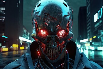 Wall Mural - Illustration of a cyborg head in a frightening, futuristic mask with teeth and red, bright eyes. Cyberpunk magician in a rough neighborhood at night. Soldier in the future concept illustration. digita