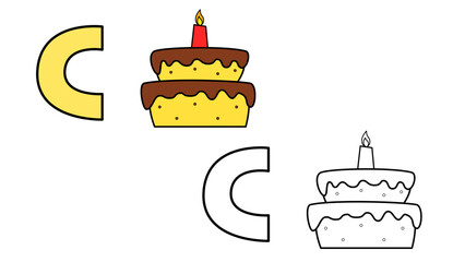 Cartoon cake and letter C coloring book vector illustration for children