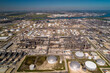 Aerial view of Chemical factory nearby Houston in Texas. Refinery is making gas and diesel for gas station and truck stops. 