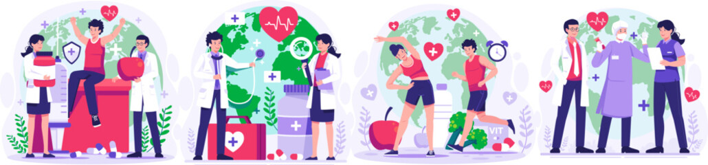 Wall Mural - Illustration Set of World Health Day concept with Group of staff medical doctors and nurses, people living healthy activity, person jogging, cycling, yoga. vector illustration