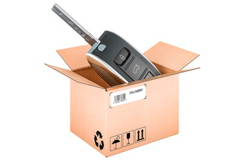 Wall Mural - Car key inside cardboard box, delivery concept. 3D rendering