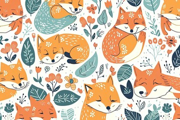 Wall Mural - whimsical fox and flower pattern on a white background. Generative AI