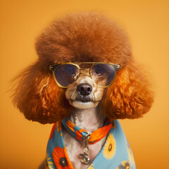 Wall Mural - 60s fashion dog portrait with huge afro, antrophomorfic dogs, Generative AI