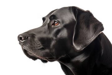 Canvas Print - Portrait of a black labrador dog. Photographed in a studio on a white background. Portrait from the side. The dog is standing. Generative AI