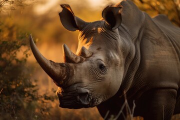 Sticker - A male white rhinoceros (Ceratotherium simum) in the early dawn light of South Africa's Timbavati Game Reserve. Generative AI