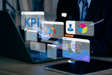 Key Performance Indicator KPI using Business Intelligence (BI) metrics to measure achievement versus planned target, person touching screen icon, success.