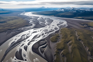 aerial view of braided river. scenic view of markarfljot in iceland