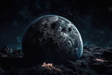 Wall Mural - a cratered stone planet in outer space. planet having a solid surface that is dark. generative ai