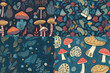 Cottagecore garden seemless pattern mushrooms wildflowers frogs snails, psychedelic
