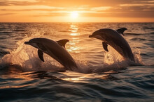 Beautiful Bottlenose Dolphins Jumping Out Of Sea At Sunset