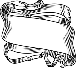 Wall Mural - a scroll banner paper ribbon in a woodcut engraved etching vintage style.