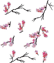  Free hand Sakura flower vector set, Beautiful line art Peach blossom isolate on white background.Branch of cherry blossom for printing on wallpapers and sticker.Japanese flower.Golden line art.