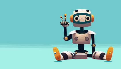 A cute robot sits on the floor and points his finger upwards. Neutral background. Vector style. Space for text.