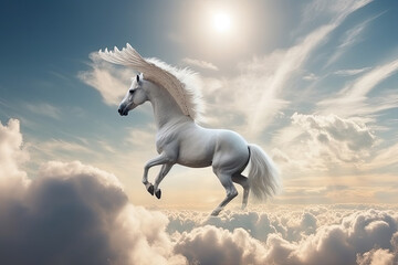 Majestic Pegasus horse flying high above the clouds. Flight of the Pegasus, generative AI