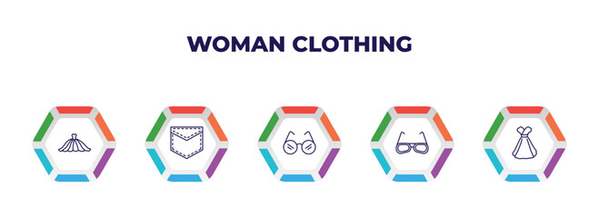 Wall Mural - editable outline icons with infographic template. infographic for woman clothing concept. included long dress, pocket, eyeglasses, glasses, female dress icons.