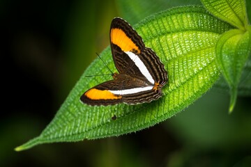 Poster - Closeup of an orange butterfly on a green leaf on a blurred background