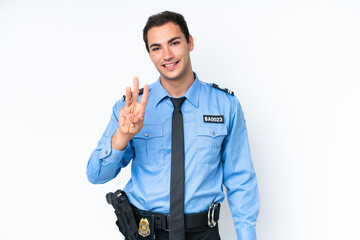 Wall Mural - Young police caucasian man isolated on white background happy and counting three with fingers