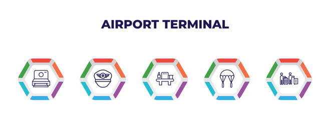 Wall Mural - editable outline icons with infographic template. infographic for airport terminal concept. included vintage camera, pilot hat, luggage security, parachute open, airport queue icons.