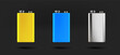 Different 9v batteries icons collection. 3d vector isolated on black background