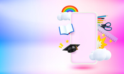 Poster - Modern smartphone with arts and education elements and blank screen. 3d vector banner with copy space