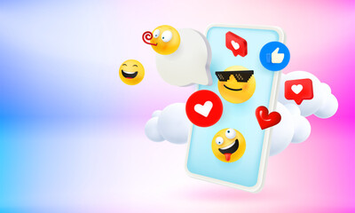 Poster - Social media mobile application use concept with emoji and smartphone. 3d vector banner with copy space