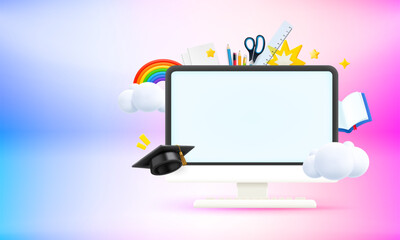 Poster - Computer monitor with education elements and blank screen. 3d vector banner with copy space