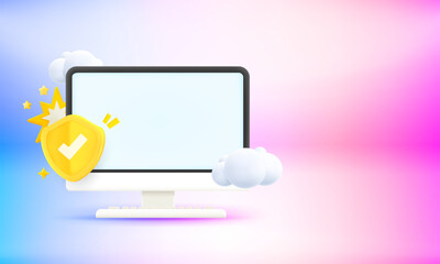 Poster - Computer monitor with shield and blank screen. 3d vector banner with copy space